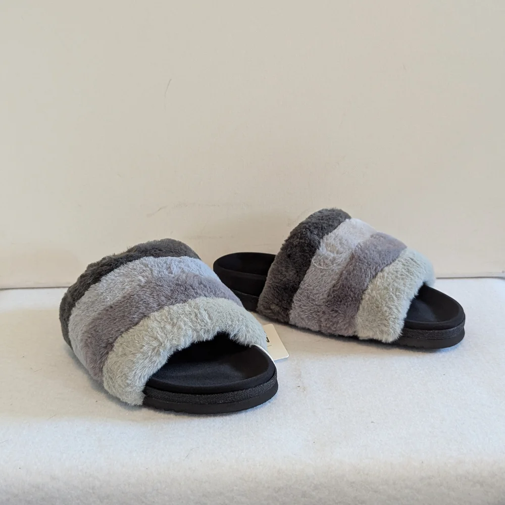 ROAM Furry Striped Slides Sandals Fuzzy Comfy NEW Twilight Prism Greys 6 EU36